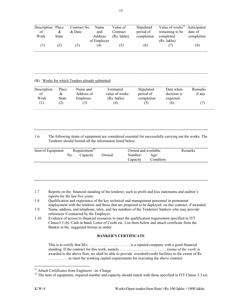Annexure K / W-4 Open Tender - Item Rate Rs. 100 Lakhs Rs.1000 Lakhs - Karnataka, India, Page 15