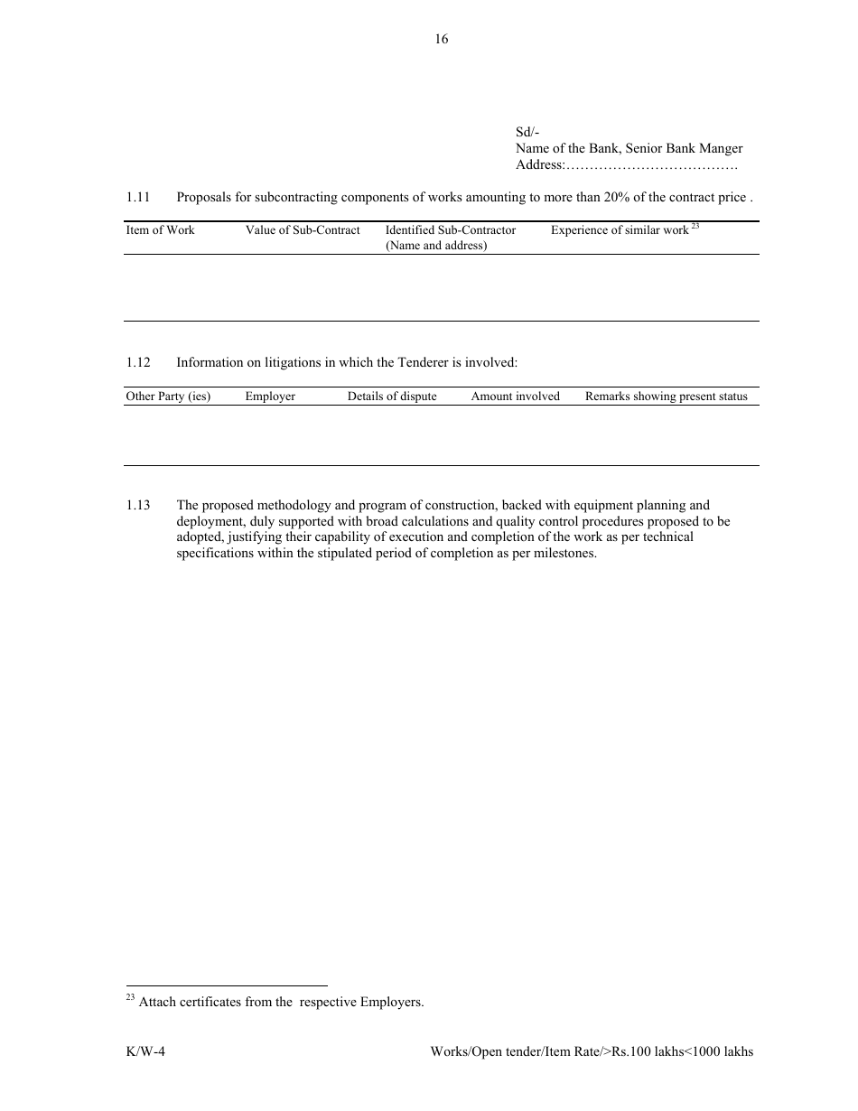 Annexure K / W-4 Open Tender - Item Rate Rs. 100 Lakhs Rs.1000 Lakhs - Karnataka, India, Page 16