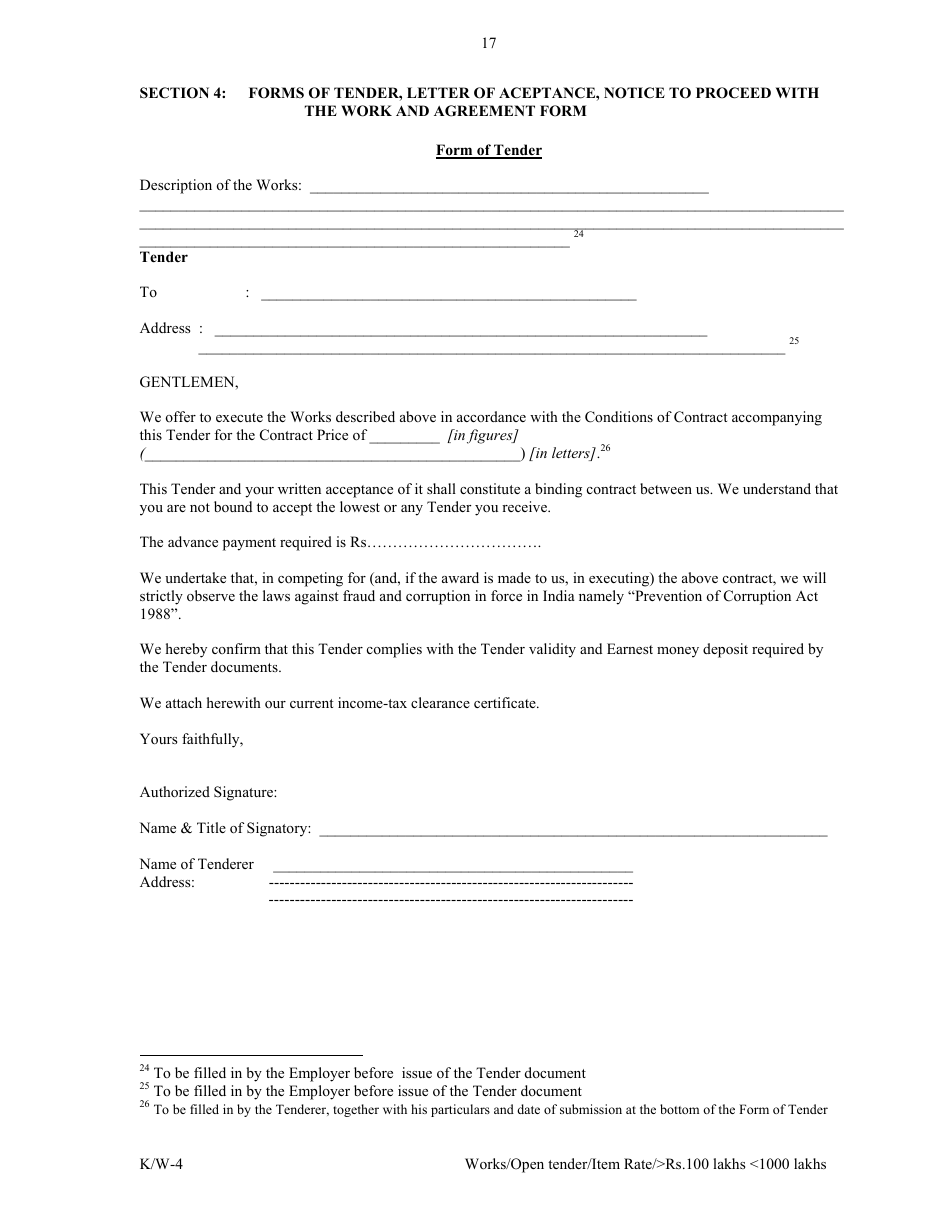 Annexure K / W-4 Open Tender - Item Rate Rs. 100 Lakhs Rs.1000 Lakhs - Karnataka, India, Page 17