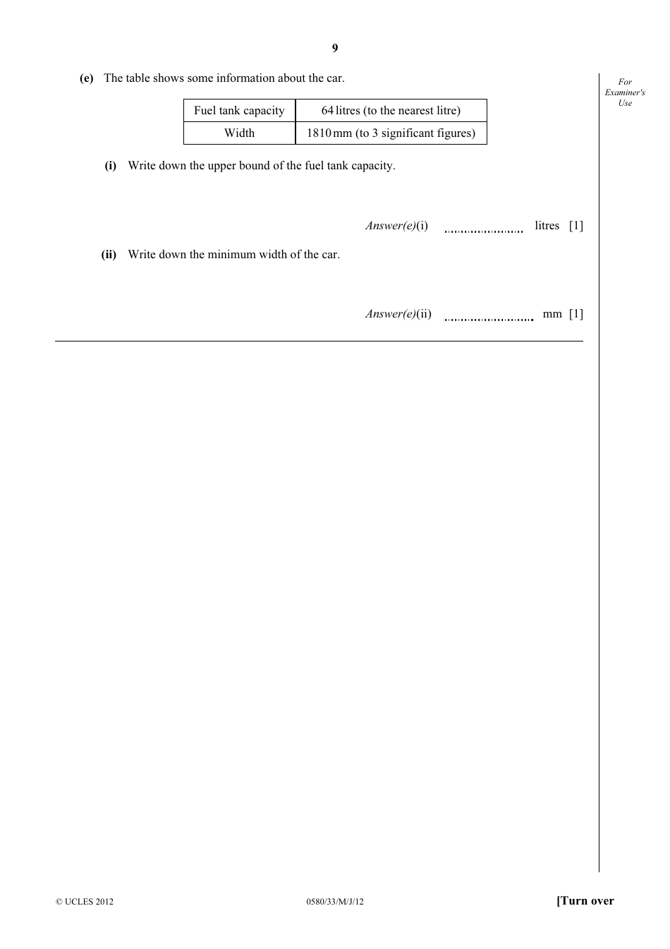 May / June 2012 University of Cambridge International Examinations: Mathematics Paper 3 (Core), Page 9
