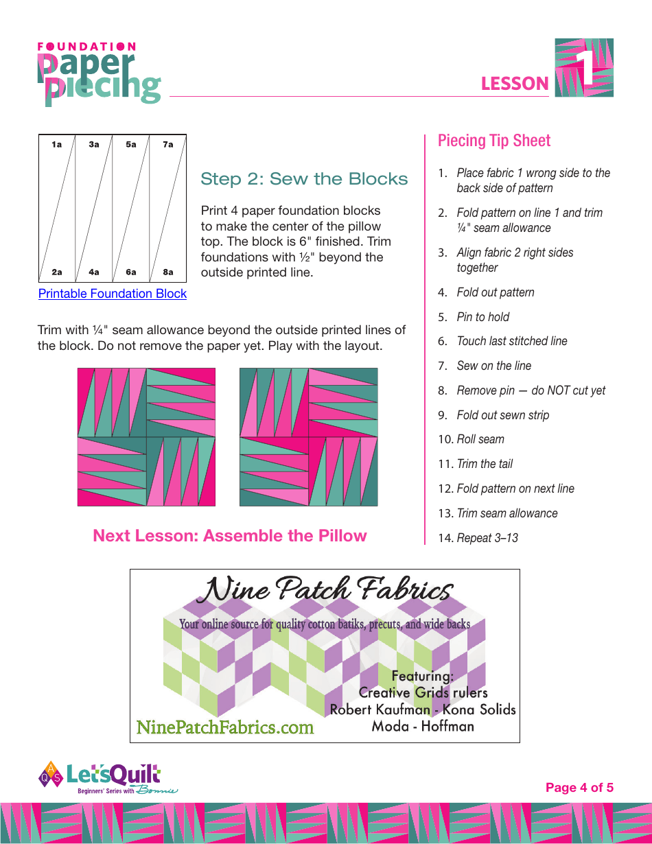 Foundation Paper Piecing Pillow Quilt Pattern Template, Page 4