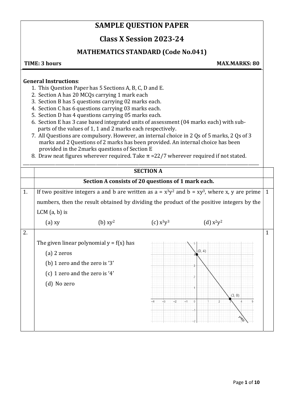 Sample Question Paper: Class X Session 2023-24 Mathematics Standard, Page 1