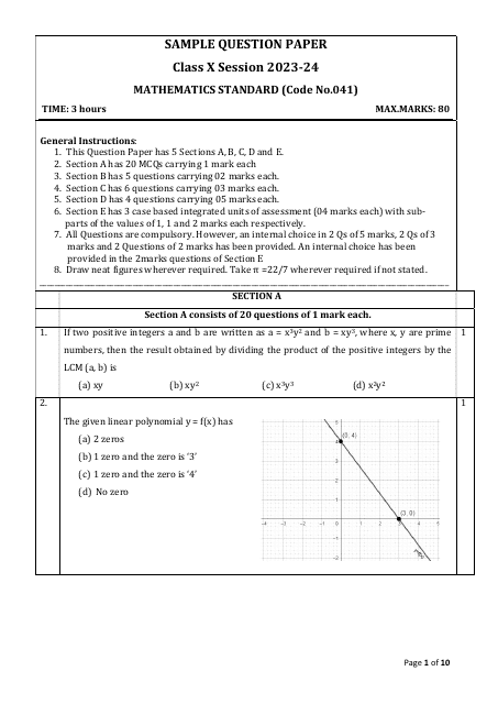 Sample Question Paper: Class X Session 2023-24 Mathematics Standard
