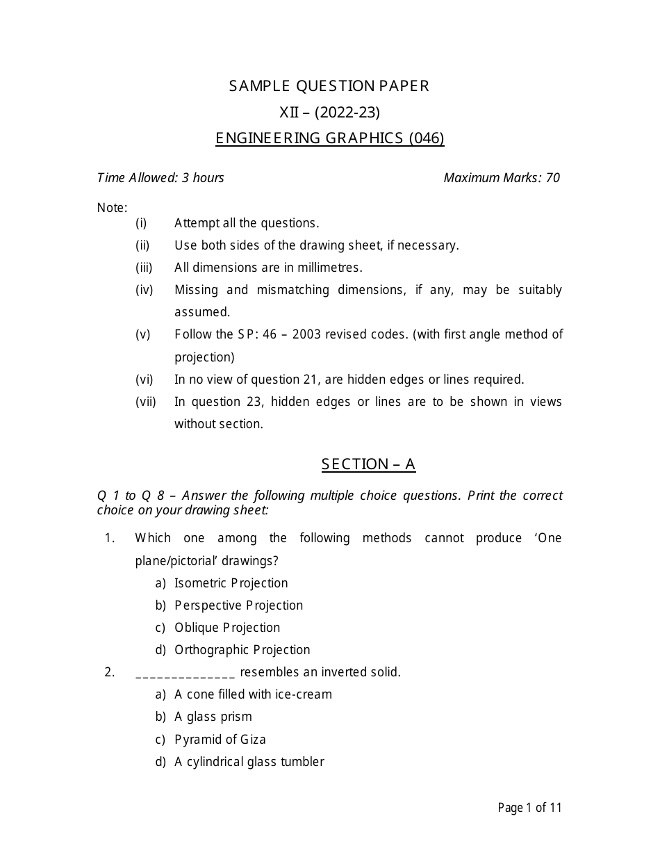 Sample Question Paper - Engineering Graphics (046) Download Printable ...