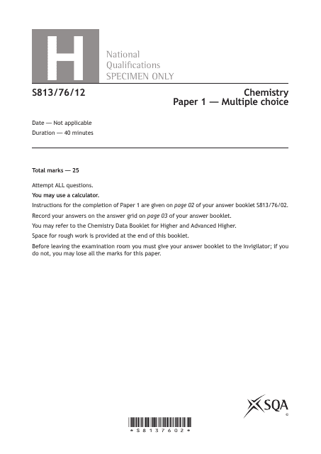 Preview of Sqa National Qualifications Chemistry Paper 1