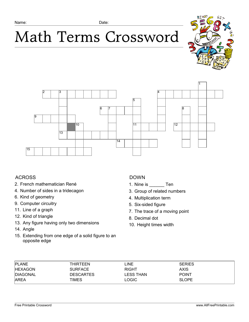 Math Terms Crossword Template, Page 1