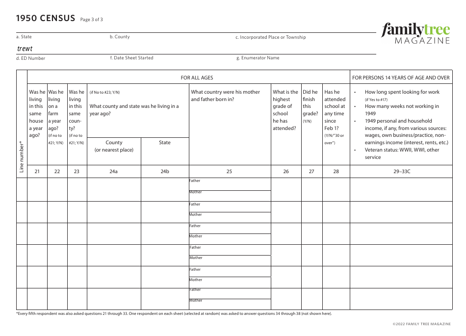 1950 Census Template - Family Tree Magazine Download Fillable PDF ...