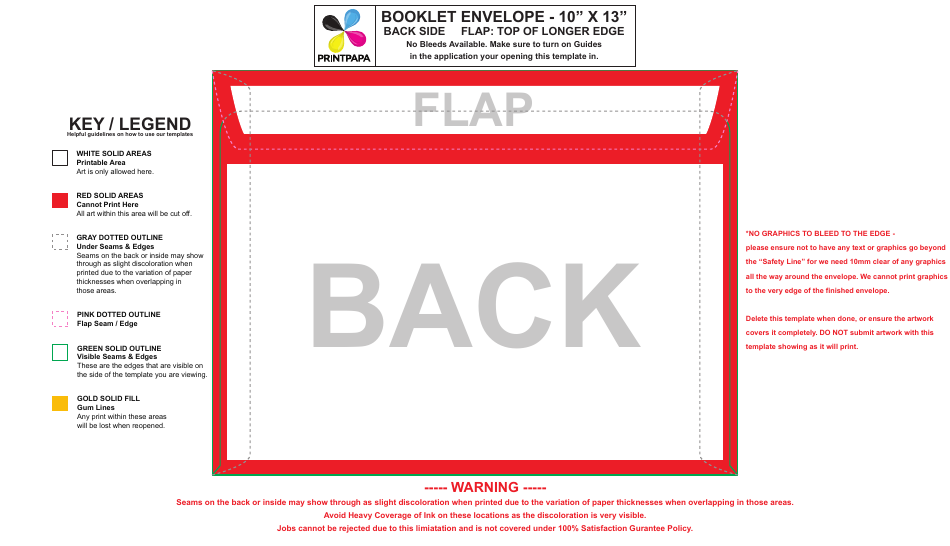 10" X 13" Booklet Envelope Template - Back Preview