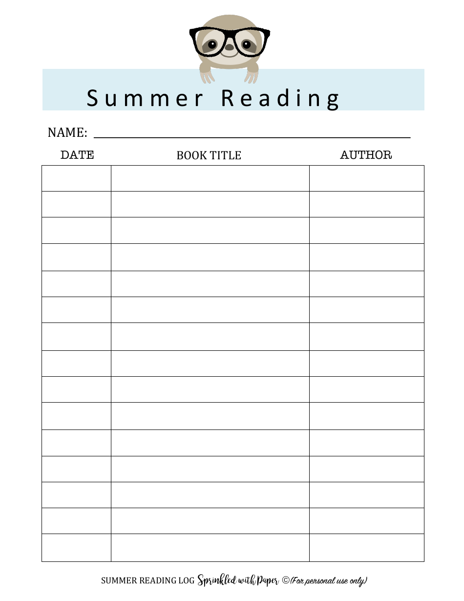 Summer Reading Template - Sloth, Page 1