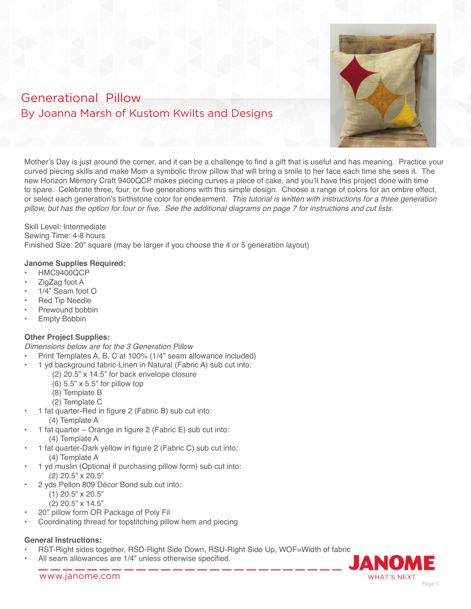 Generational Pillow Quilt Pattern Templates Download Printable PDF