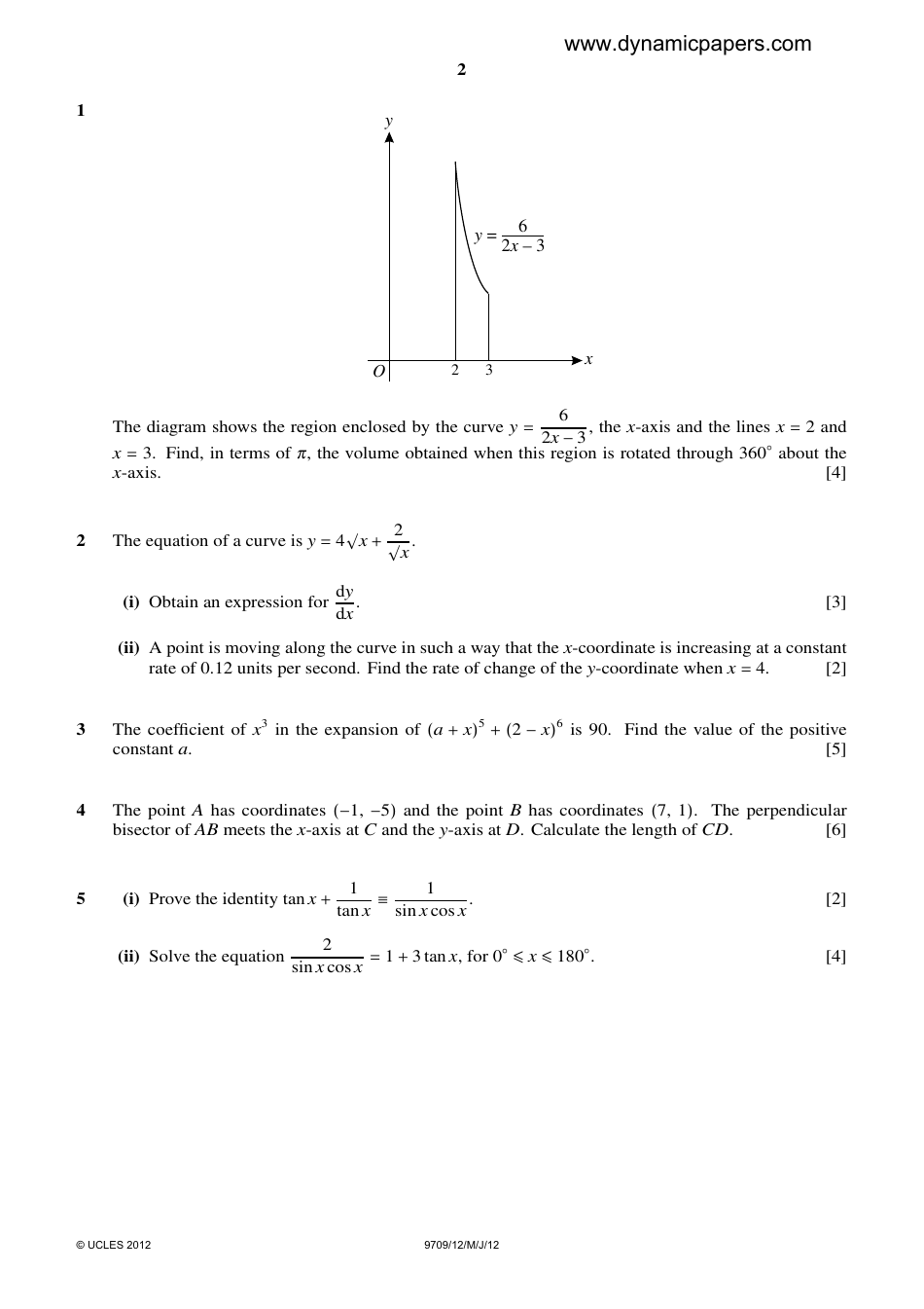 University of Cambridge International Examinations: Mathematics Paper 1 - Pure Mathematics 1 (P1), Page 2