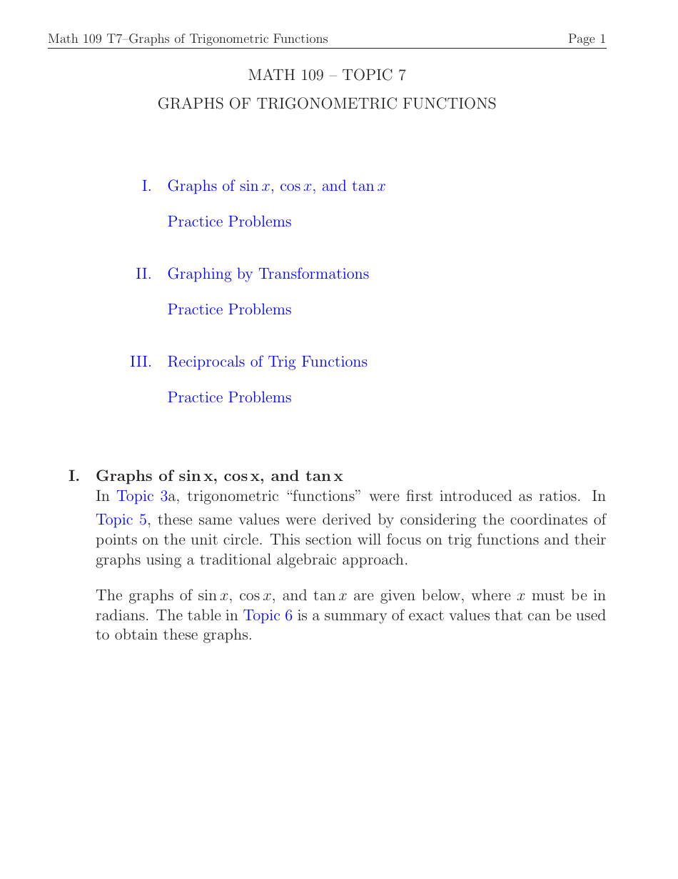 Math 109 Topic 7 Graphs Of Trigonometric Functions Exercises With Math 109 Topic 7 Graphs Of Trigonometric Functions Exercises With