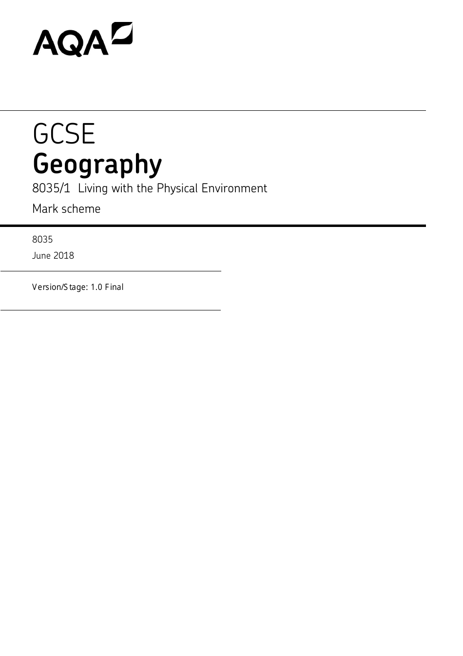 Aqa Gcse Geography 8035/1 Mark Scheme Document Preview - Templateroller.com