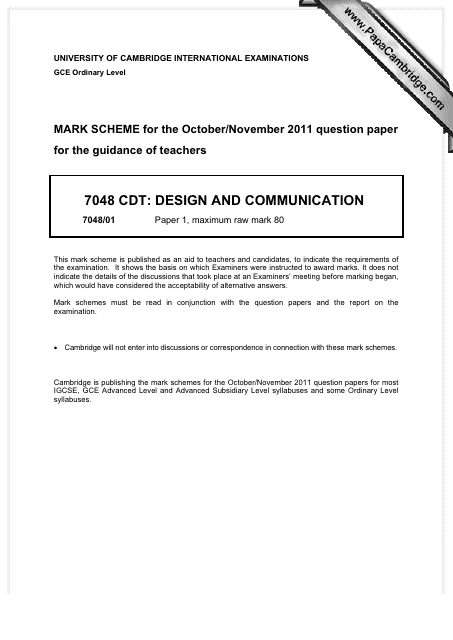 October/November 2011 University of Cambridge International Examinations 7048 Cdt: Design and Communication Paper 1 - Mark Scheme