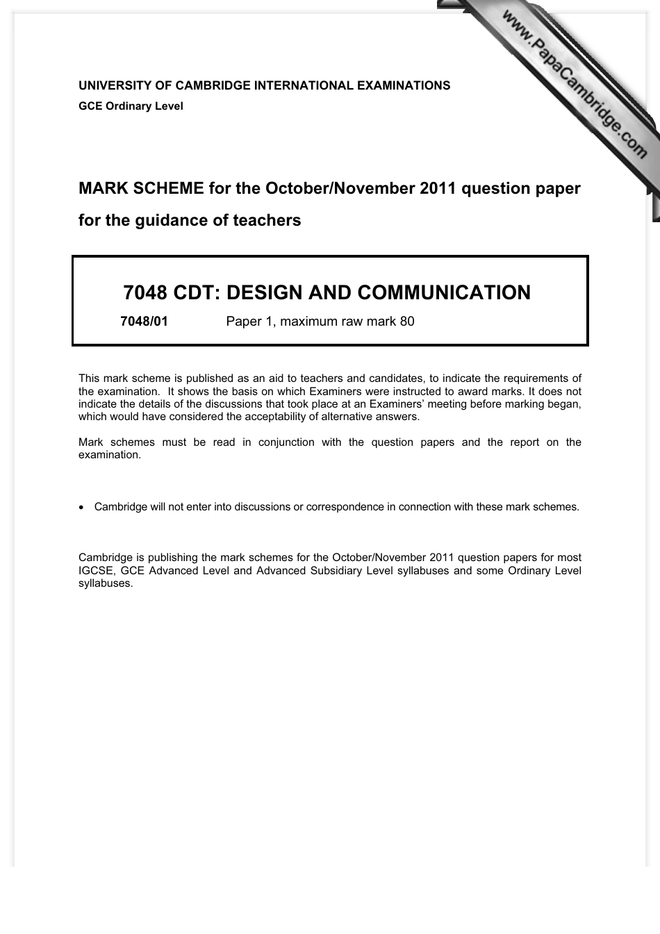October / November 2011 University of Cambridge International Examinations 7048 Cdt: Design and Communication Paper 1 - Mark Scheme, Page 1