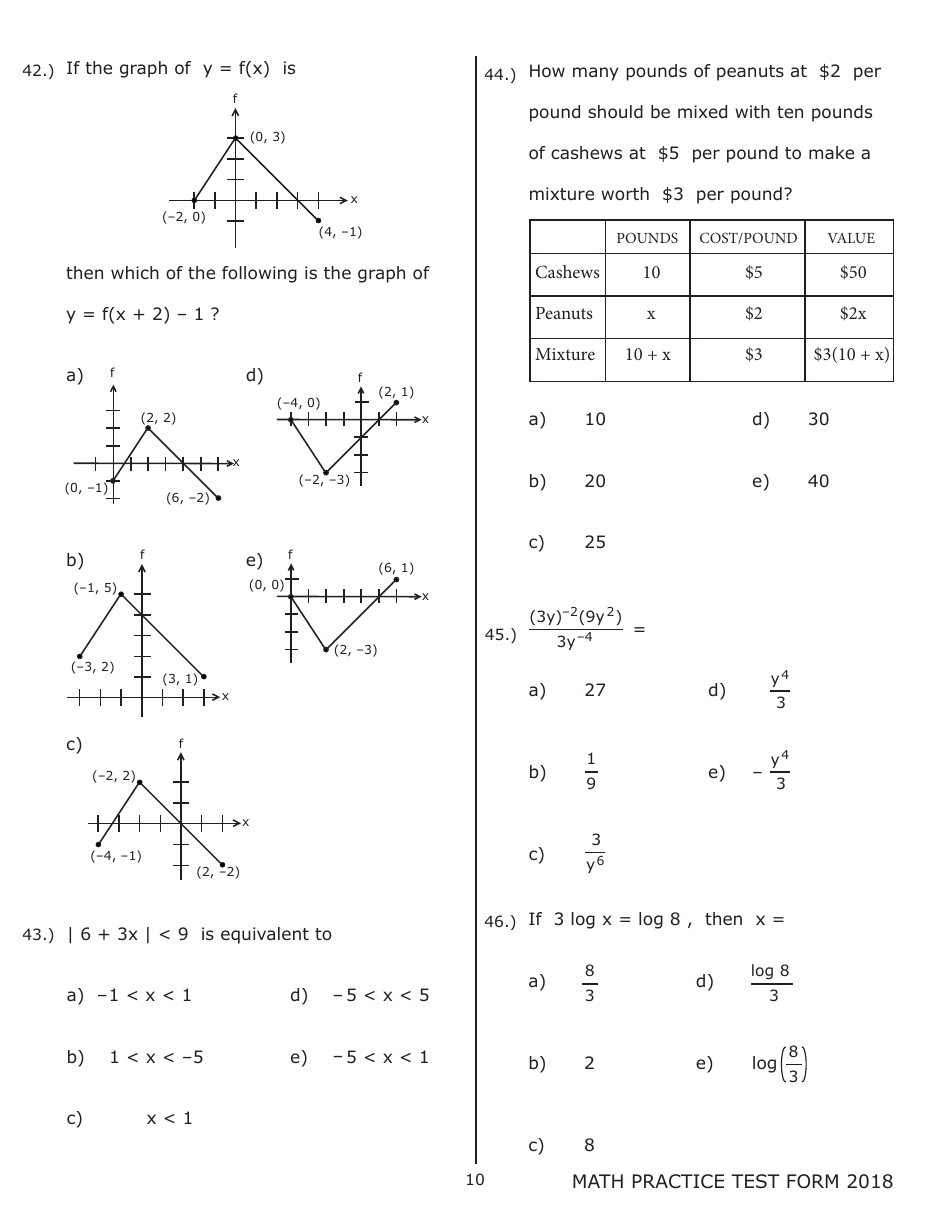University of Wisconsin System Mathematics Practice Exam 2018 (With Answer Keys), Page 10