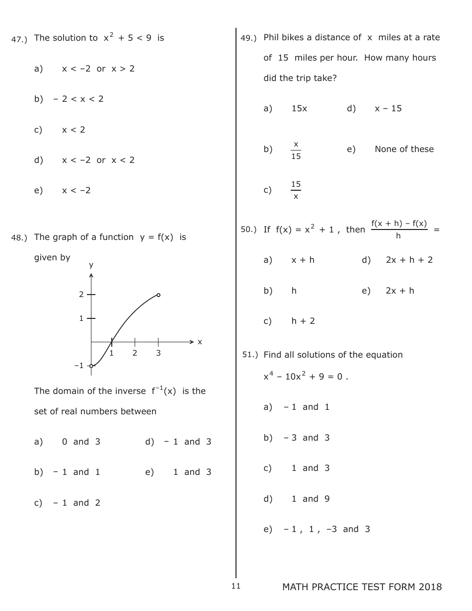 University of Wisconsin System Mathematics Practice Exam 2018 (With Answer Keys), Page 11