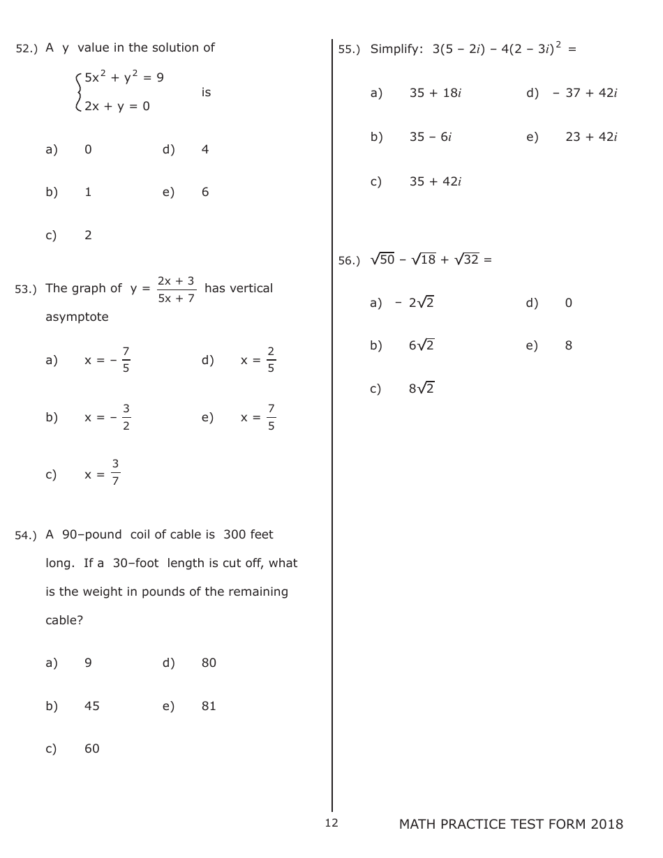 University of Wisconsin System Mathematics Practice Exam 2018 (With Answer Keys), Page 12