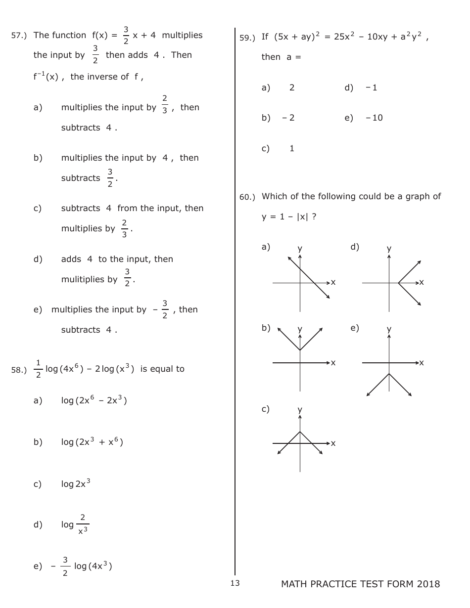 University of Wisconsin System Mathematics Practice Exam 2018 (With Answer Keys), Page 13
