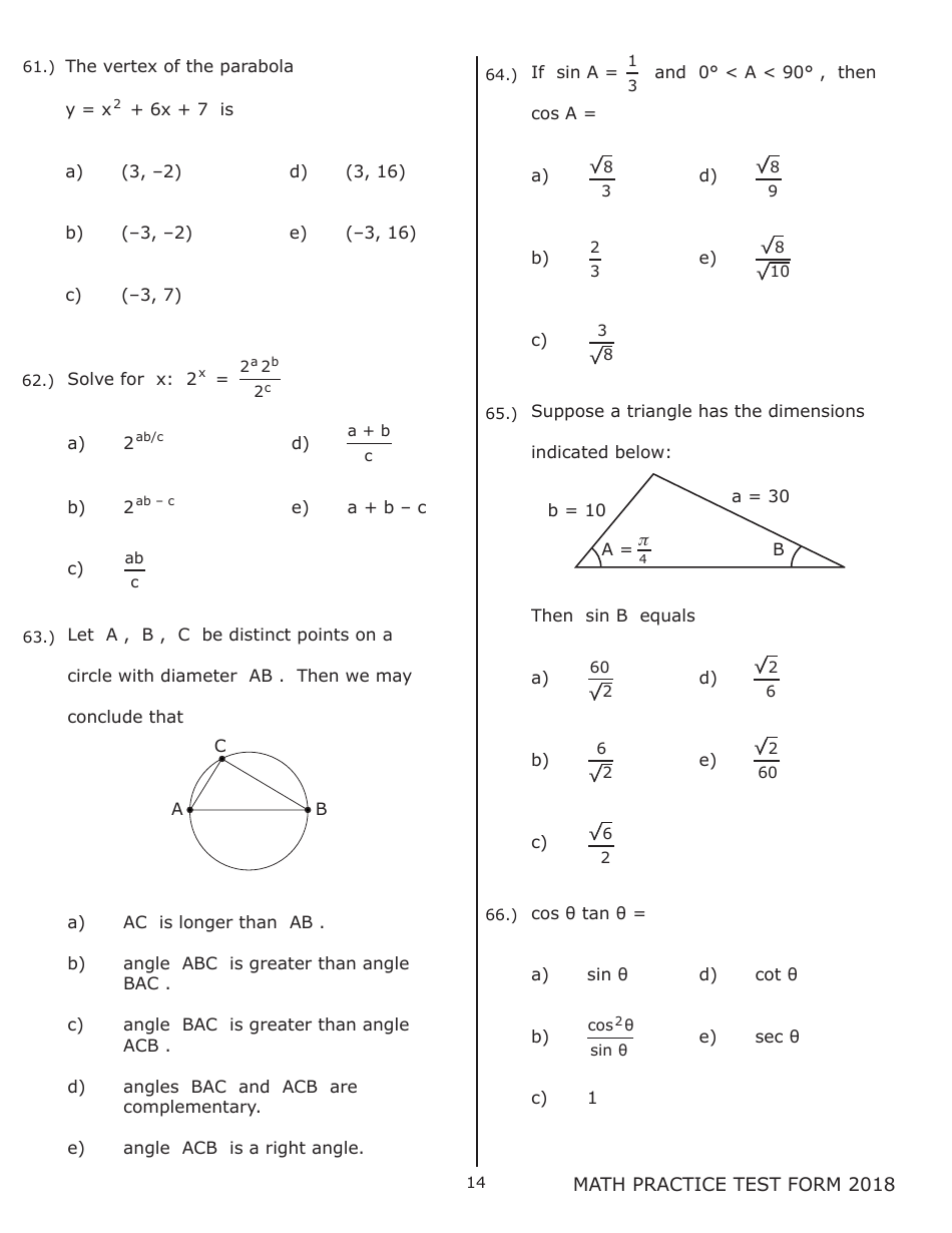 University of Wisconsin System Mathematics Practice Exam 2018 (With Answer Keys), Page 14