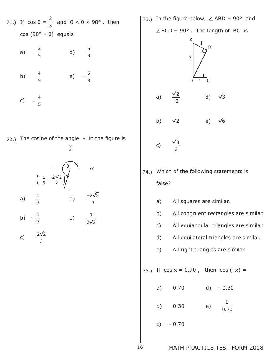 University of Wisconsin System Mathematics Practice Exam 2018 (With Answer Keys), Page 16
