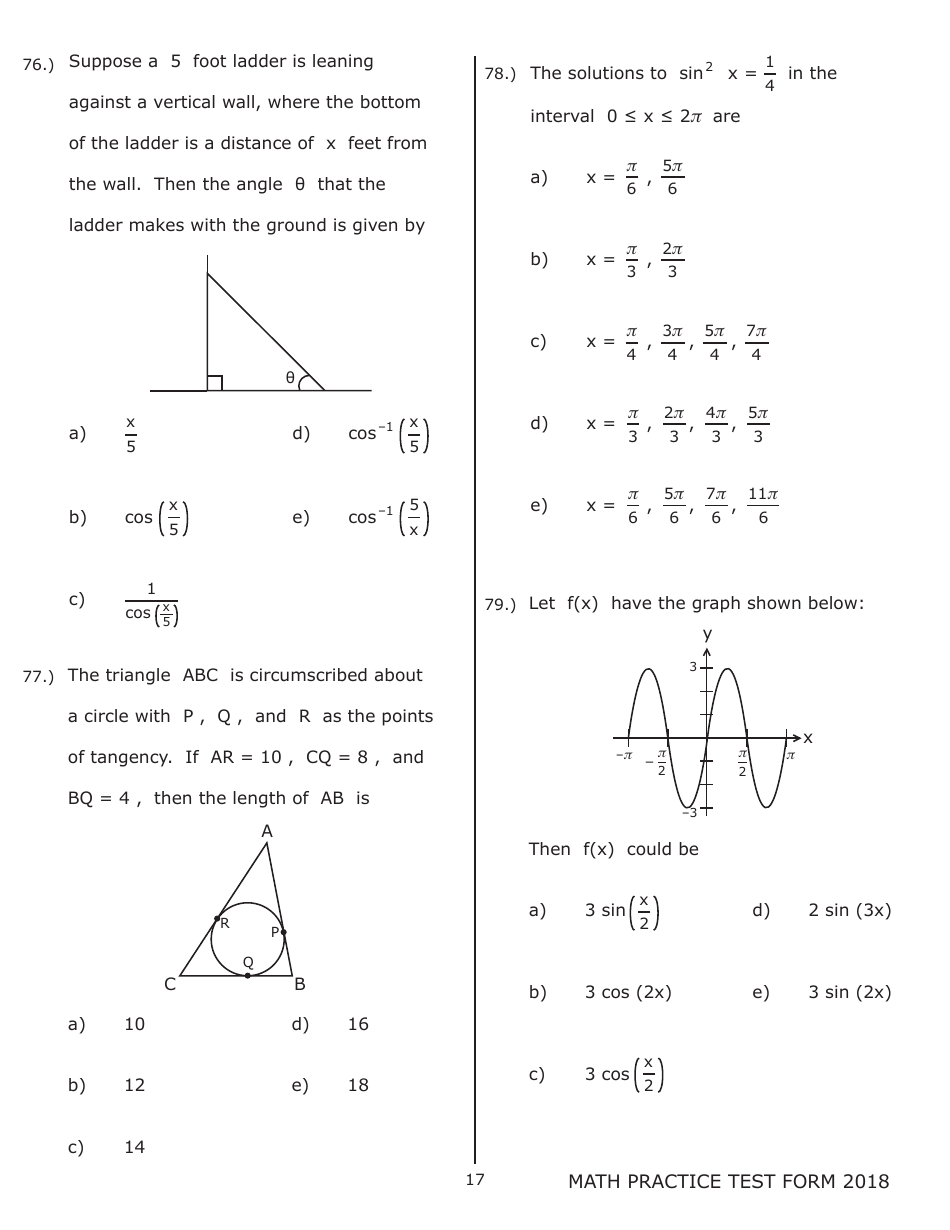 University of Wisconsin System Mathematics Practice Exam 2018 (With Answer Keys), Page 17