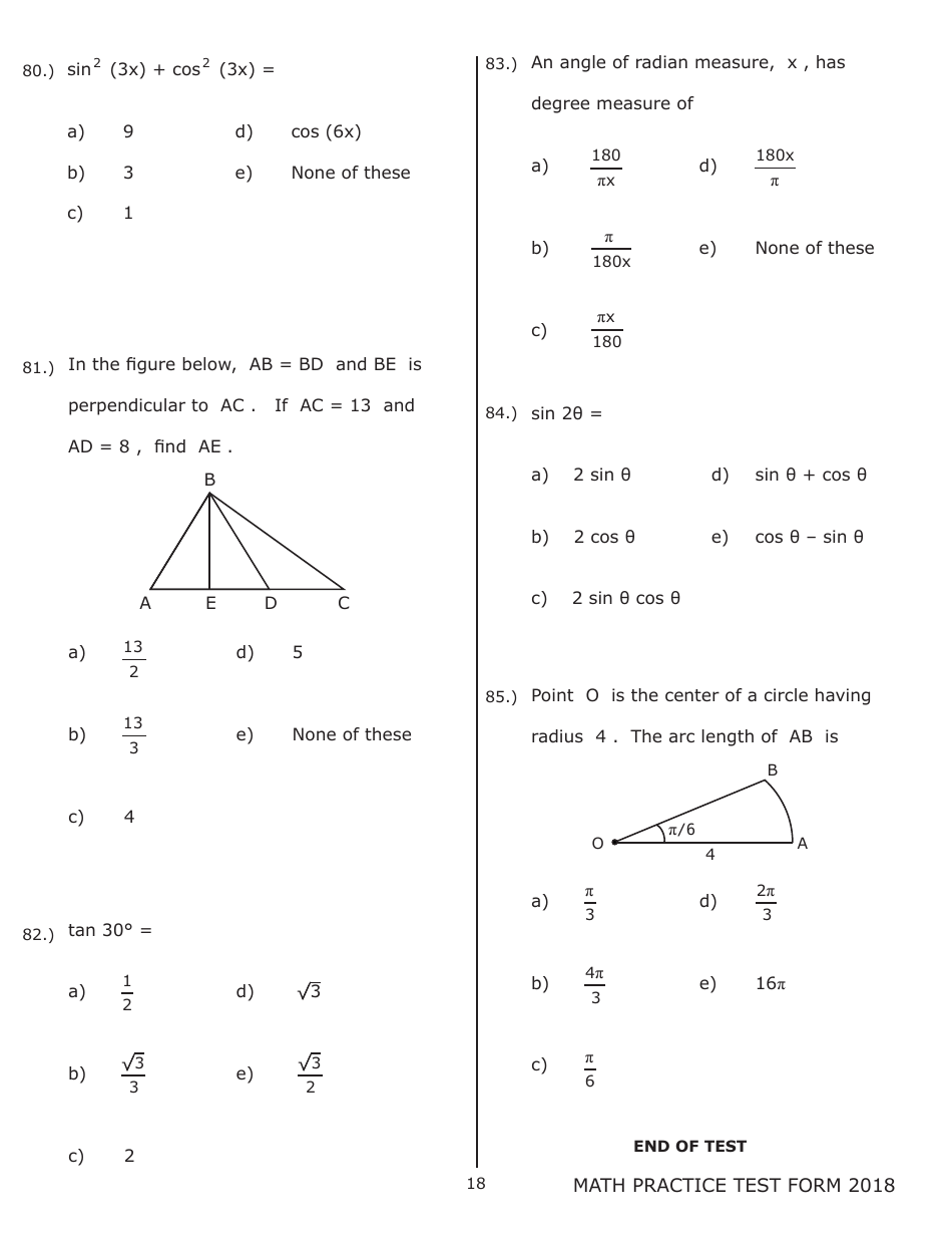 University of Wisconsin System Mathematics Practice Exam 2018 (With Answer Keys), Page 18