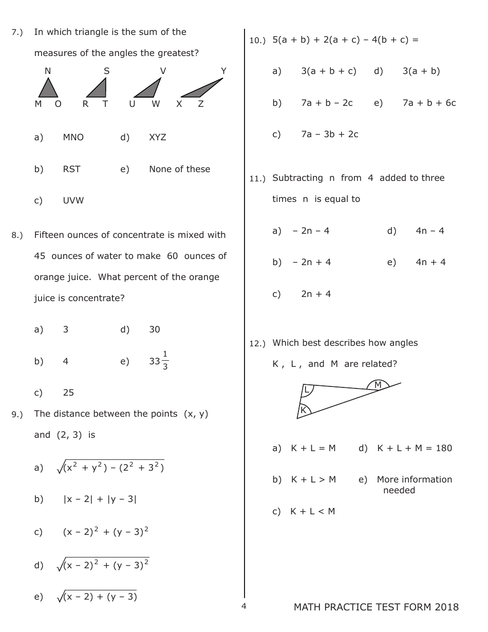 University of Wisconsin System Mathematics Practice Exam 2018 (With Answer Keys), Page 4