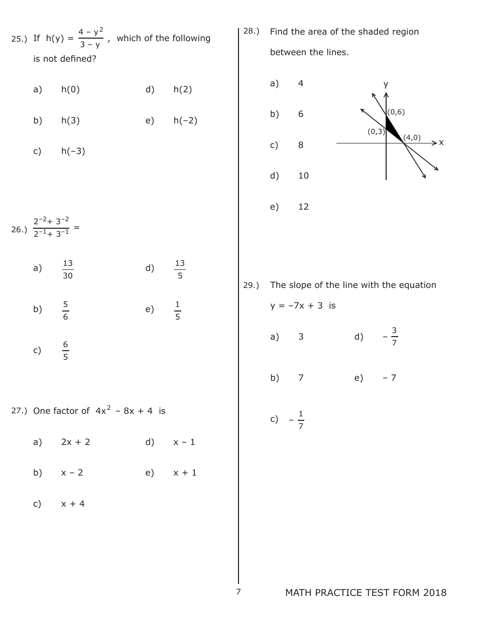 University of Wisconsin System Mathematics Practice Exam 2018 (With Answer Keys), Page 7