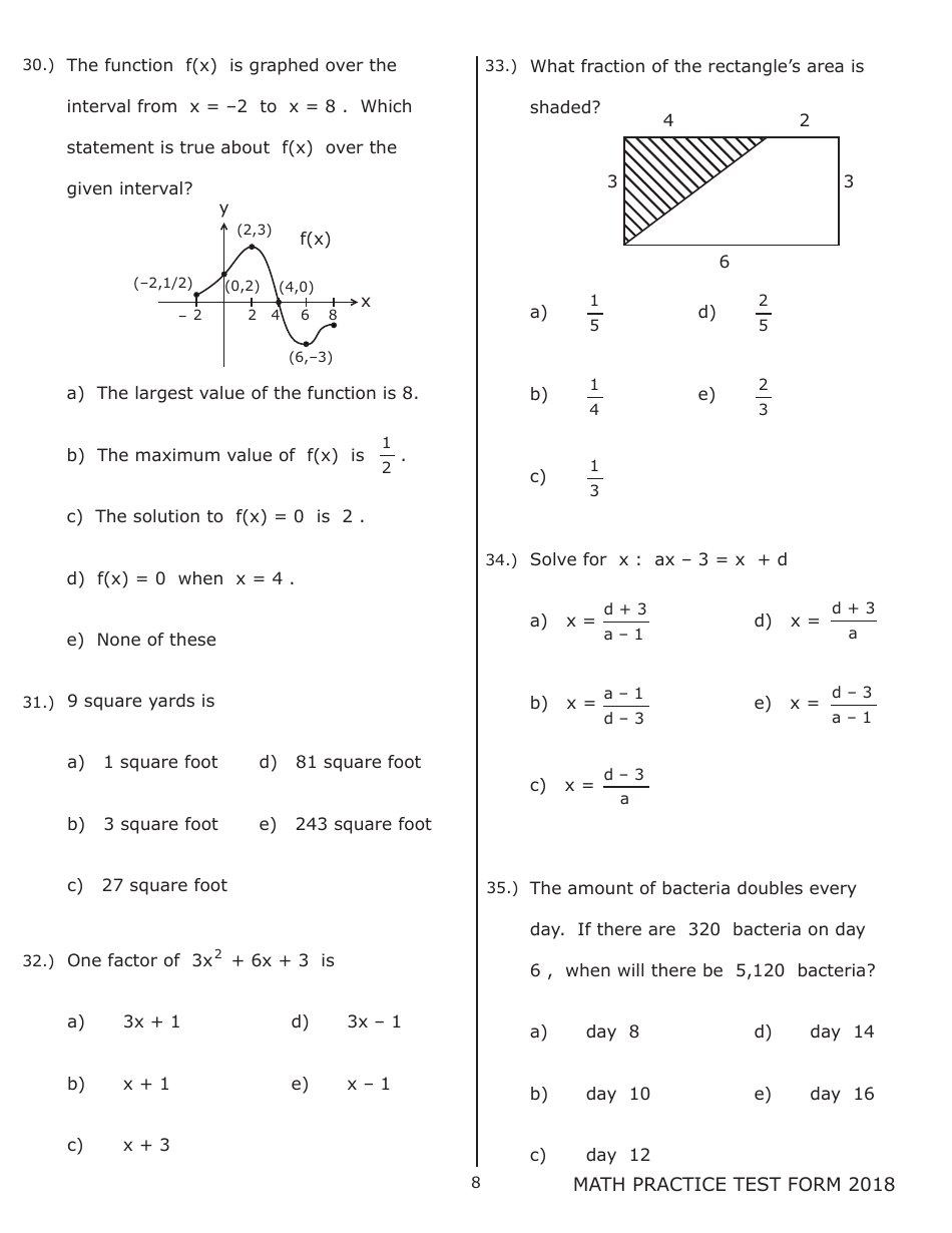 University of Wisconsin System Mathematics Practice Exam 2018 (With Answer Keys), Page 8