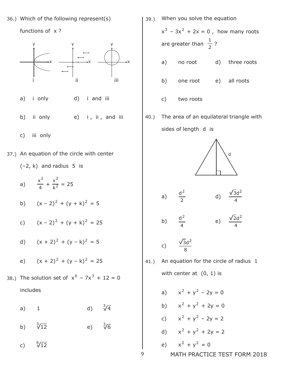 University of Wisconsin System Mathematics Practice Exam 2018 (With Answer Keys), Page 9