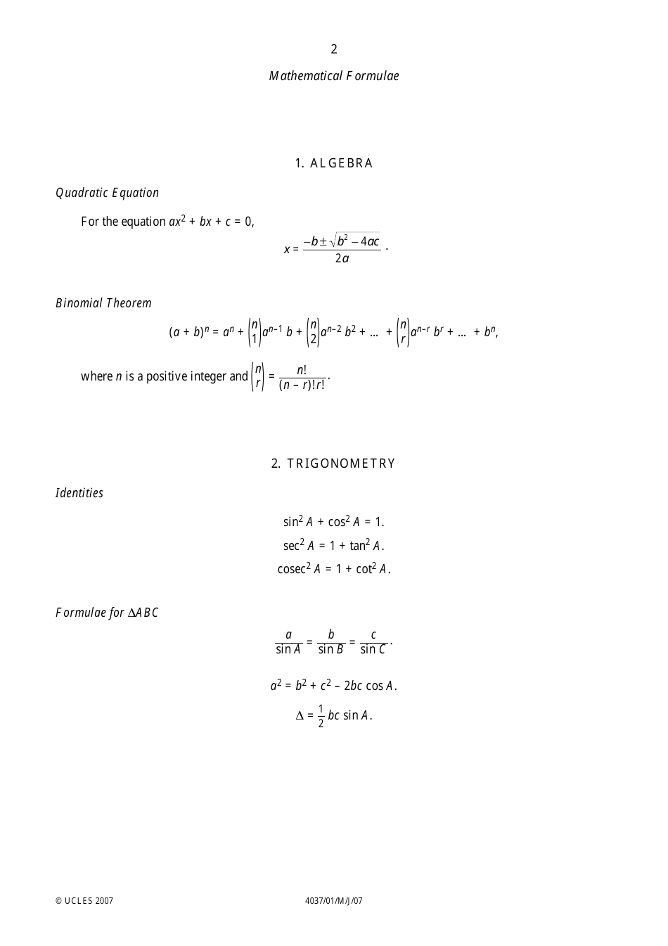 University of Cambridge International Examinations: Additional Mathematics Paper 1 - 4037 / 01, Page 2