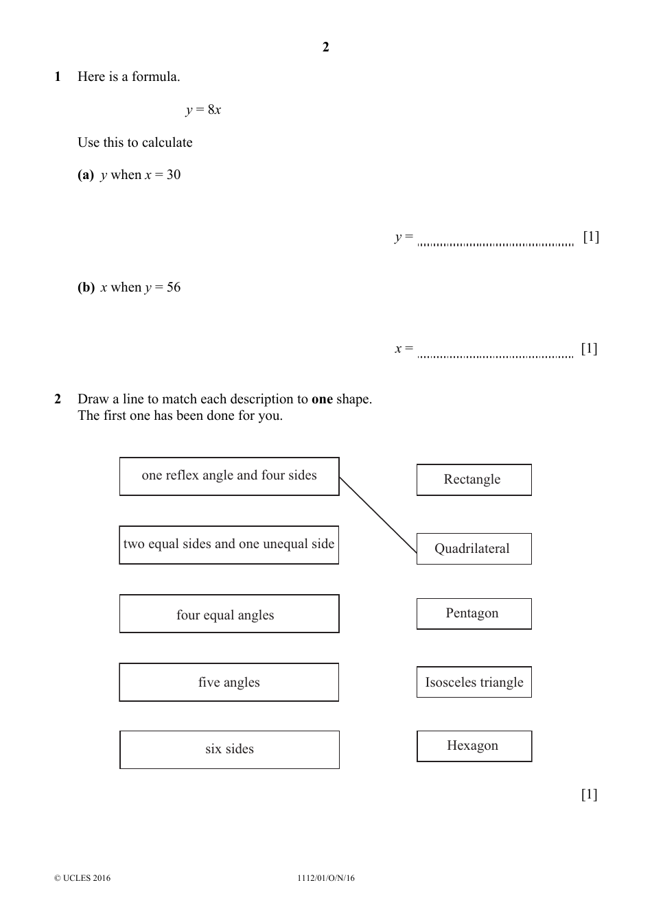 October 2016 Cambridge Secondary 1 Checkpoint: Mathematics Paper 1, Page 2
