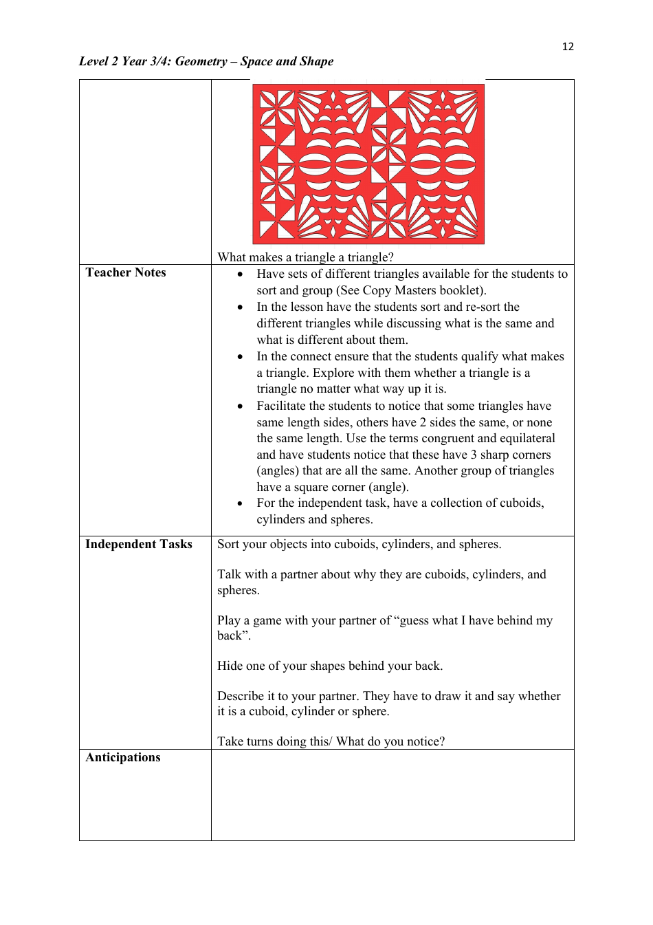 Level 2 Year 3 / 4: Geometry Teacher Booklet - Space and Shape, Page 12