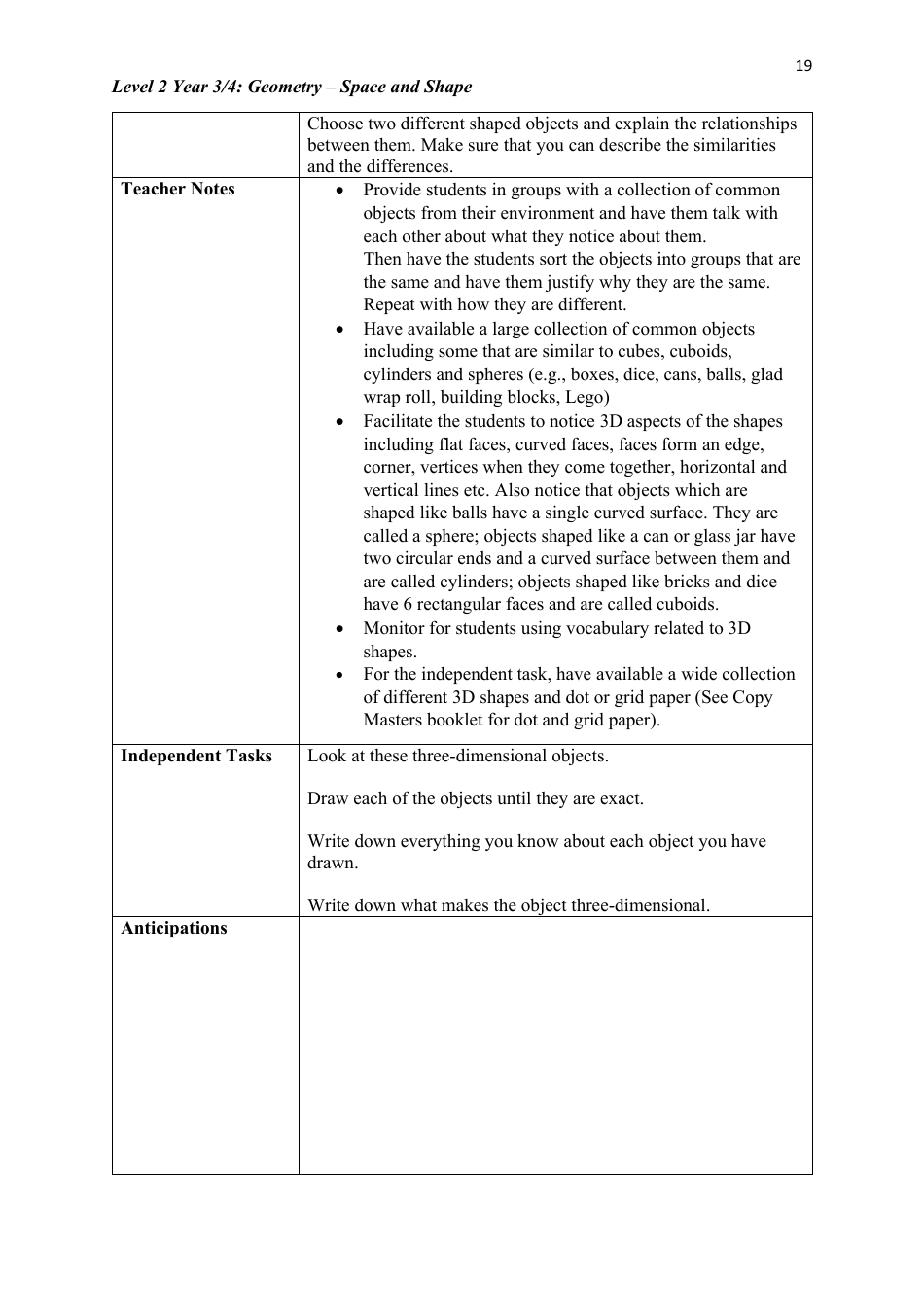 Level 2 Year 3 / 4: Geometry Teacher Booklet - Space and Shape, Page 19