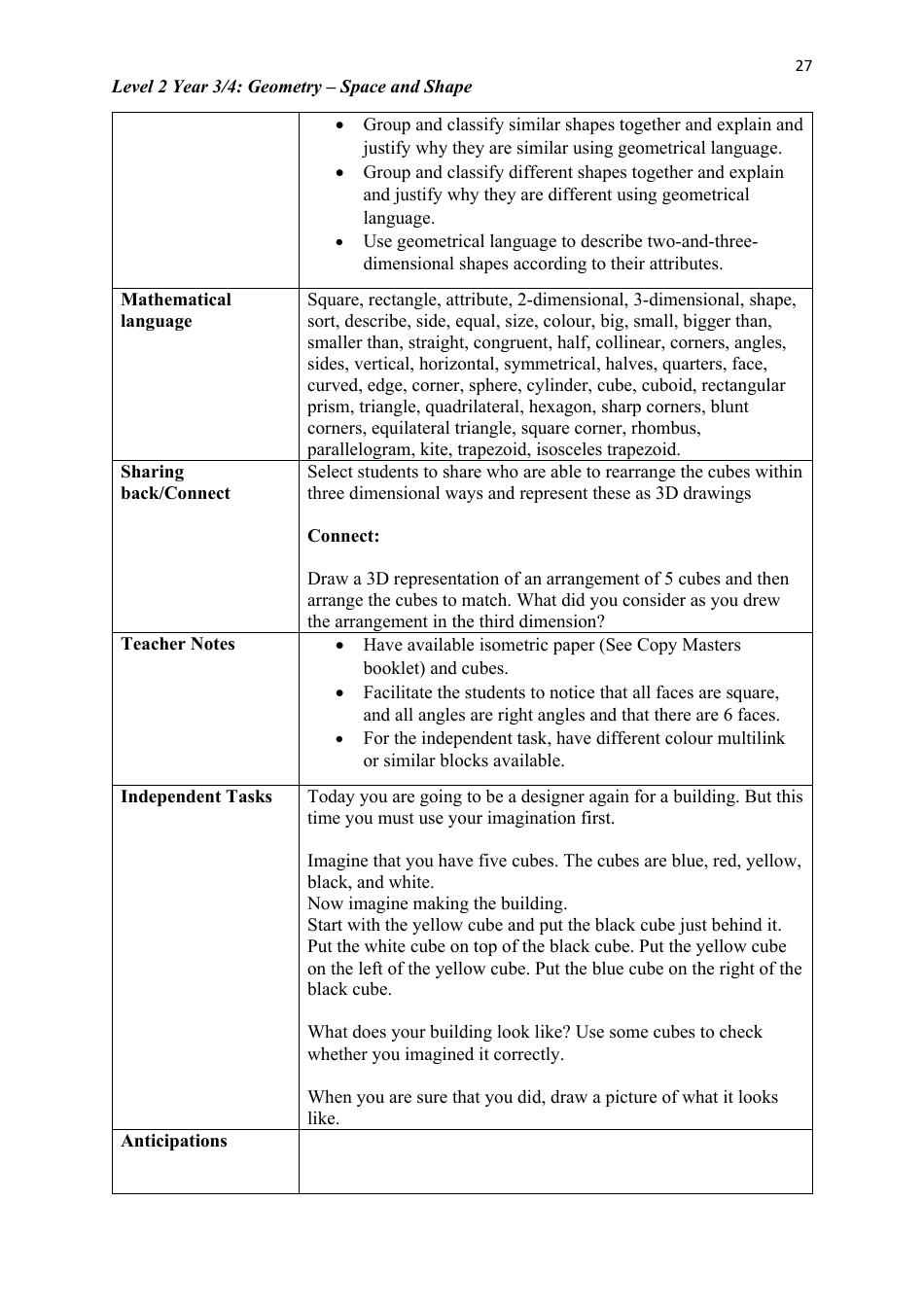 Level 2 Year 3 / 4: Geometry Teacher Booklet - Space and Shape, Page 27