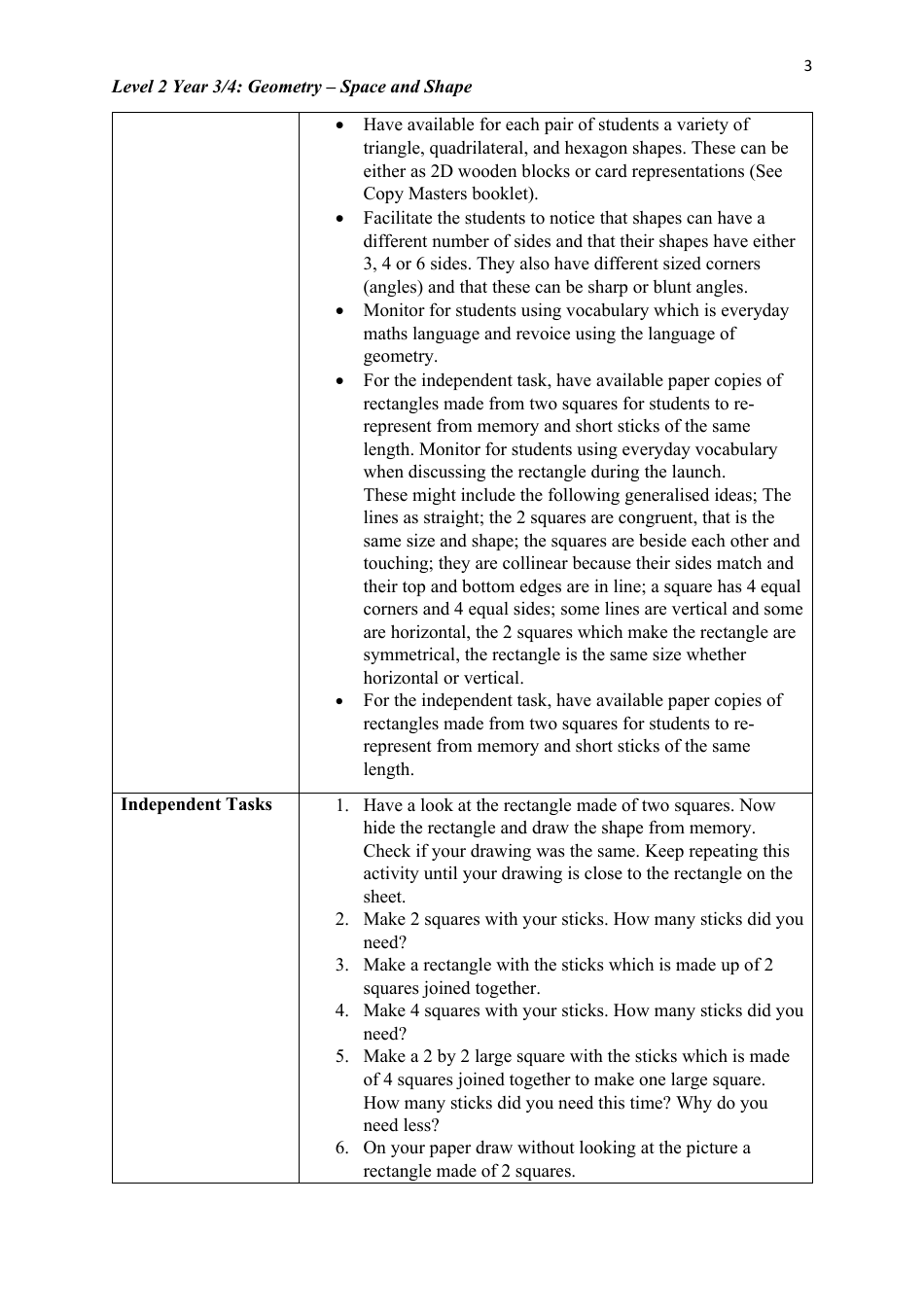 Level 2 Year 3 / 4: Geometry Teacher Booklet - Space and Shape, Page 3
