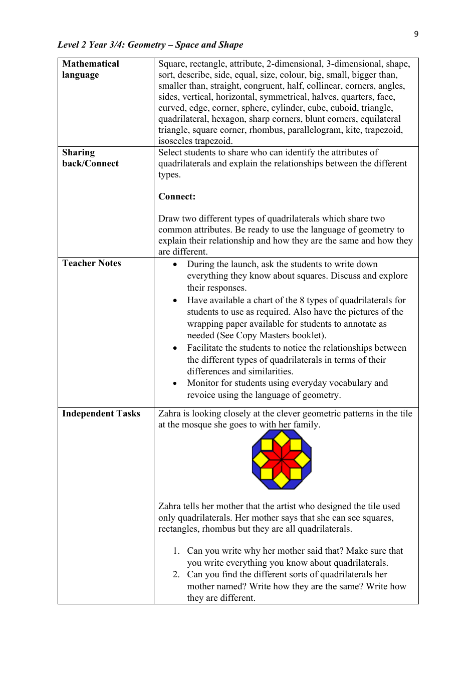 Level 2 Year 3 / 4: Geometry Teacher Booklet - Space and Shape, Page 9