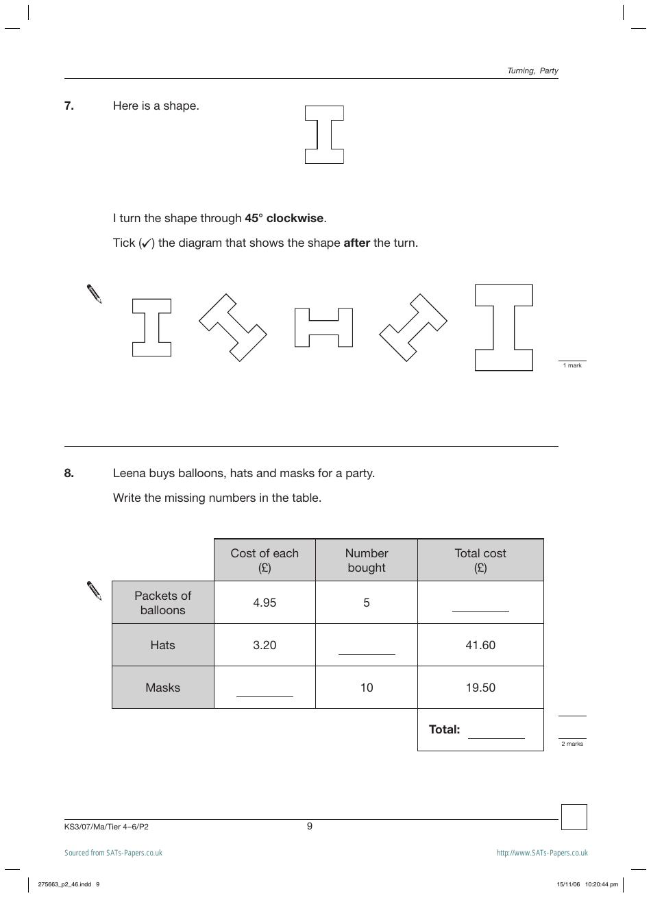 2007 Sats Mathematics Test Paper 2, Page 9