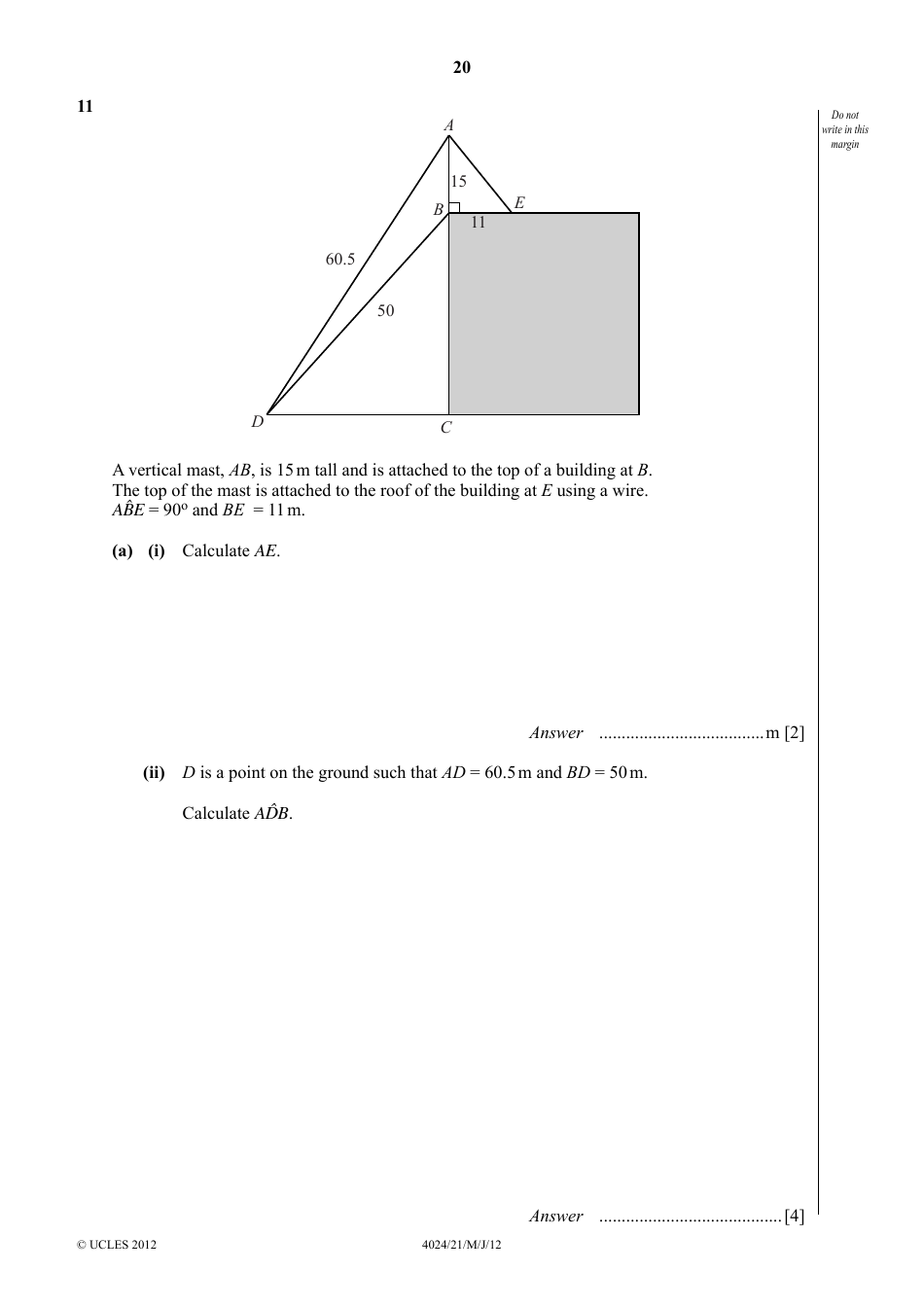 May / June 2012 University of Cambridge International Examinations: Mathematics (Syllabus D) Paper 2, Page 20