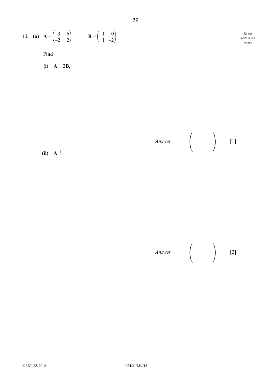 May / June 2012 University of Cambridge International Examinations: Mathematics (Syllabus D) Paper 2, Page 22
