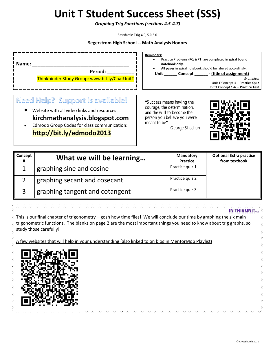 Unit T Student Success Sheet Graphing Trig Functions Image Preview