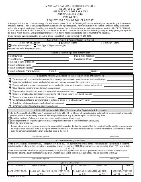 Form NRP-495 Request for Copy of Police Report - Maryland