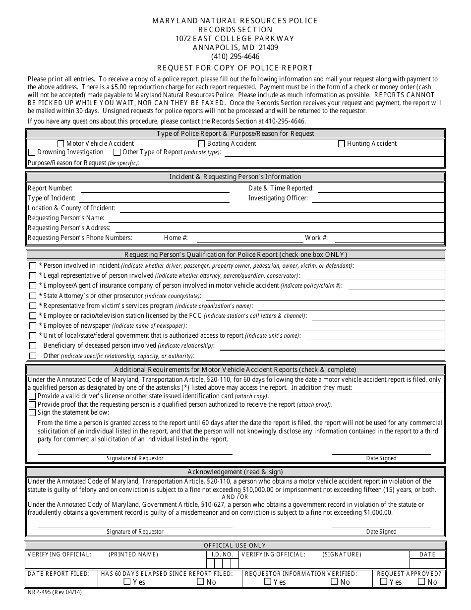 Form NRP-495 Request for Copy of Police Report - Maryland, Page 1