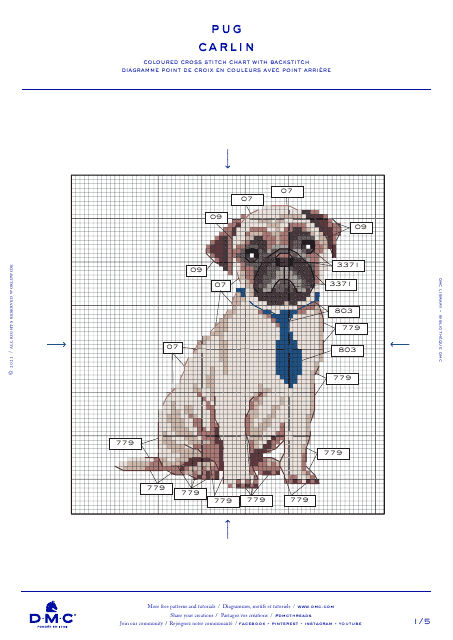 Pug Cross Stitch Graph Template (English/French)