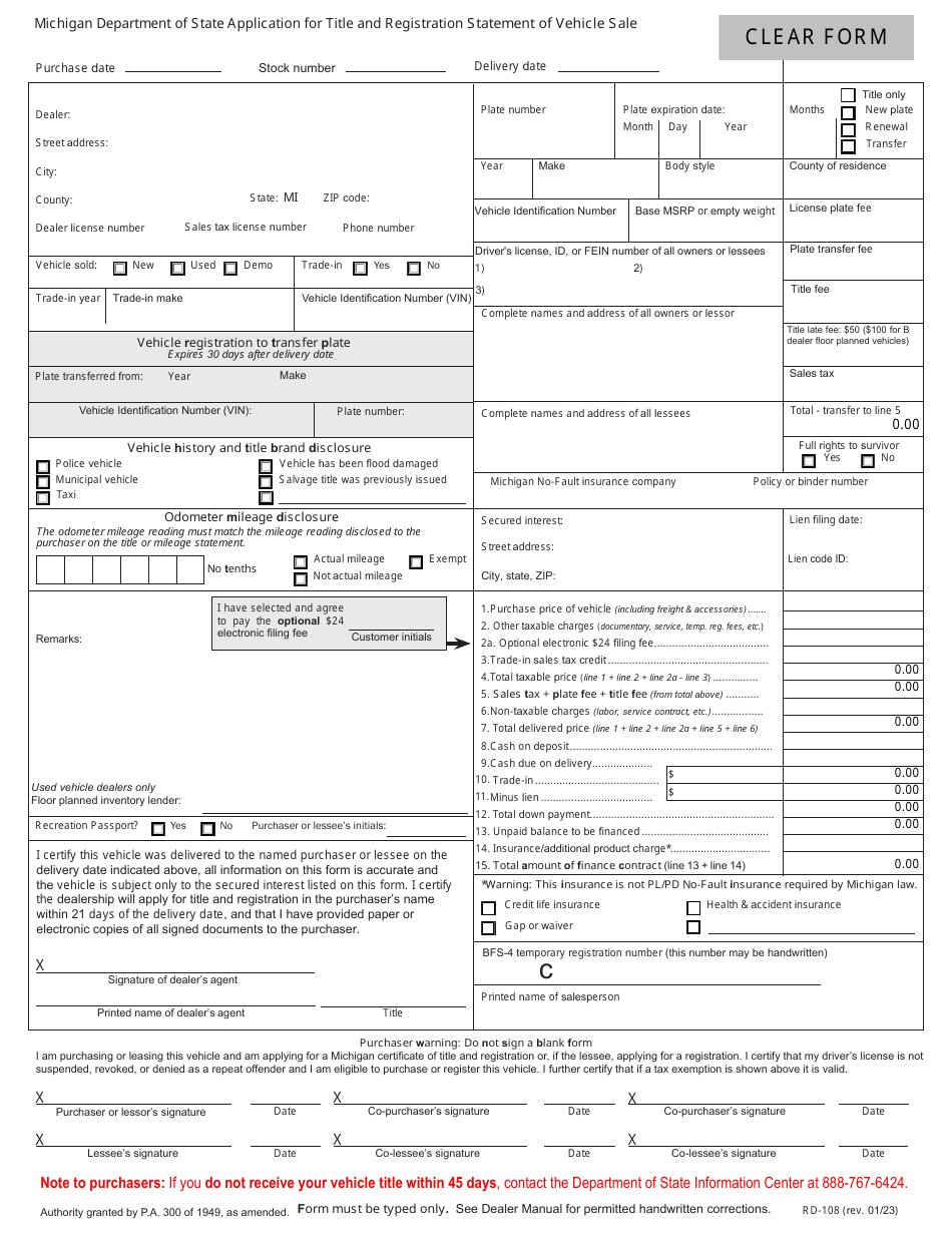 Form RD-108 Application for Title and Registration Statement of Vehicle Sale - Michigan, Page 1