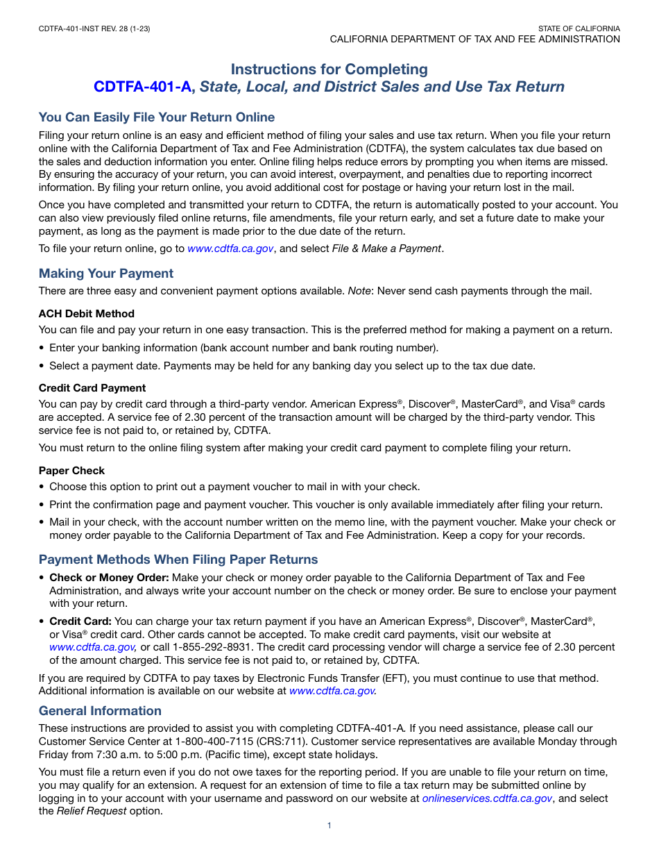 Download Instructions for Form CDTFA401 State, Local, and District