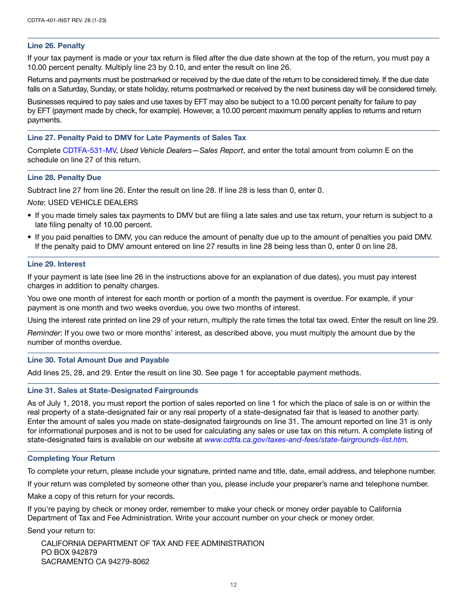 Instructions for Form CDTFA-401 State, Local, and District Sales and Use Tax Return - California, Page 12