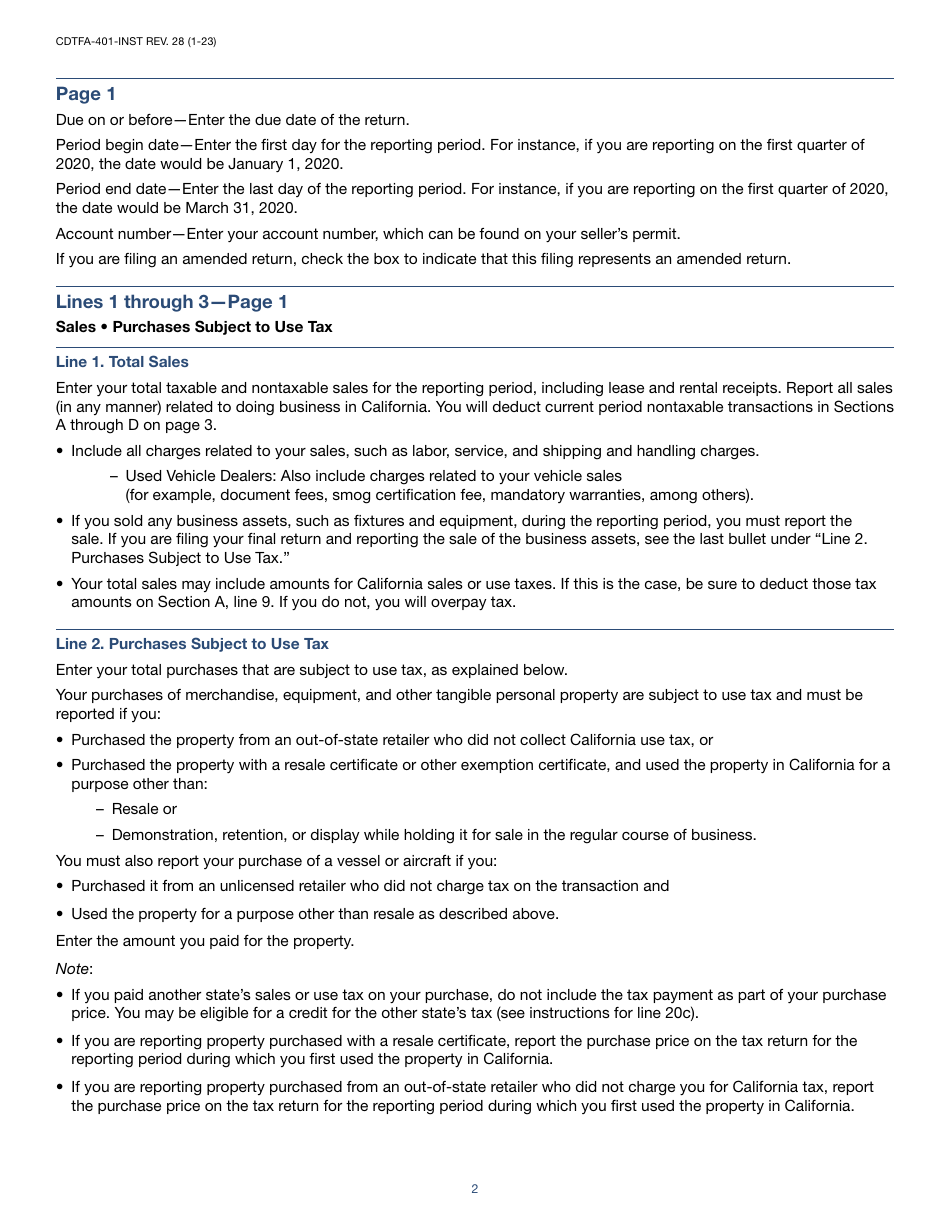 Instructions for Form CDTFA-401 State, Local, and District Sales and Use Tax Return - California, Page 2