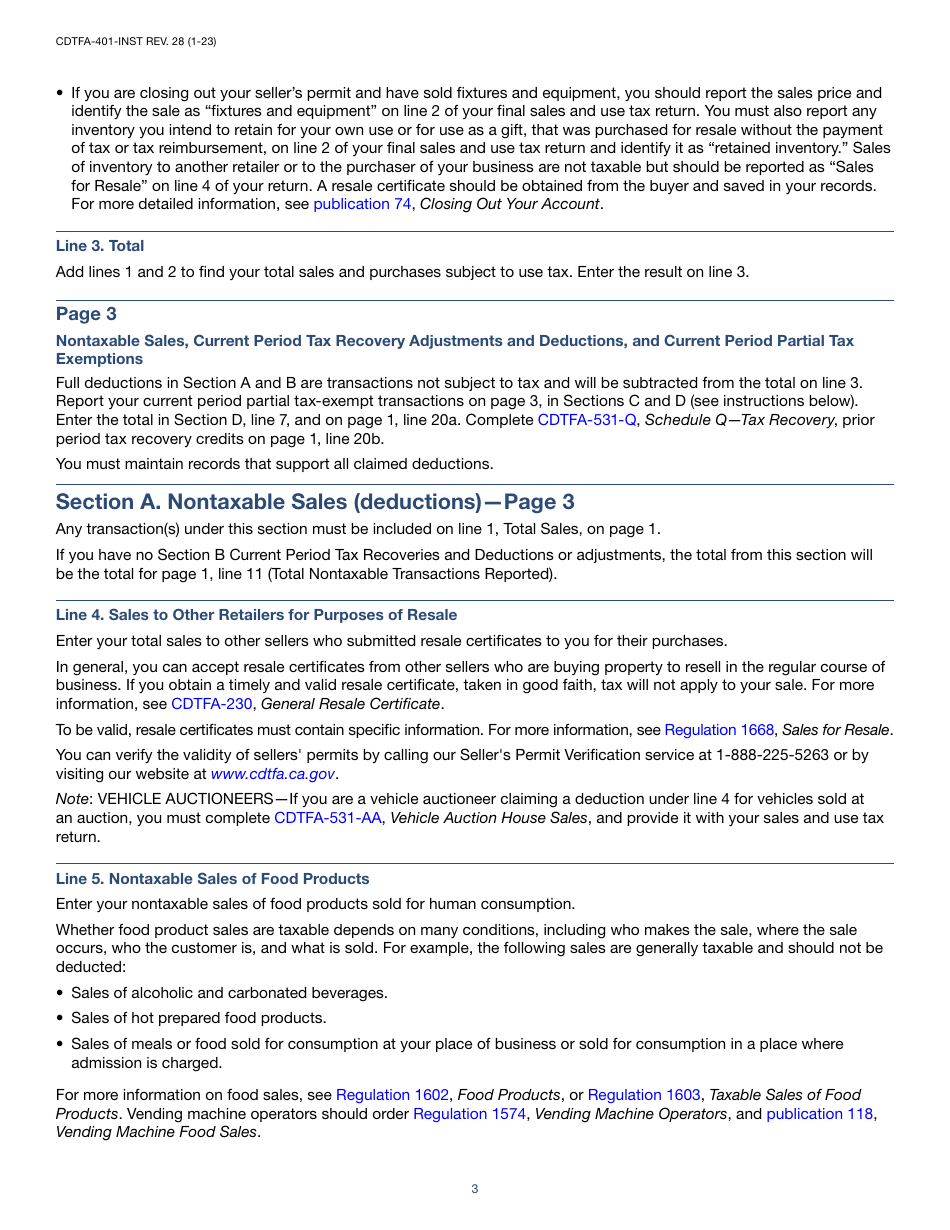 Instructions for Form CDTFA-401 State, Local, and District Sales and Use Tax Return - California, Page 3